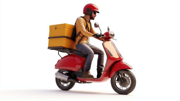 courier on a red scooter with a box on a white isolated background. express food delivery service from cafes and restaurants.
