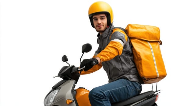 Courier on yellow scooter with box on white isolated background. Express parcel delivery service.