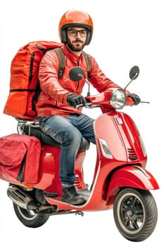 courier on a red scooter with a box on a white isolated background. express food delivery service from cafes and restaurants.