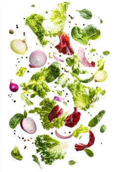 Flying lettuce and onions on a white isolated background.