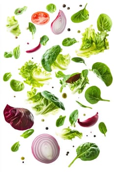 Flying lettuce and onions on a white isolated background.