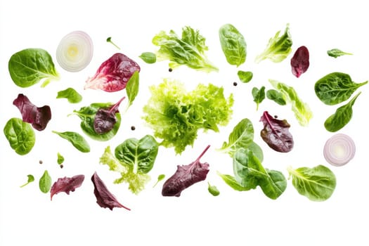 Flying lettuce and onions on a white isolated background.