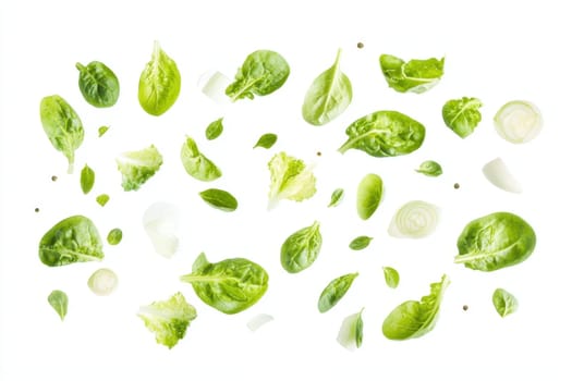 Flying lettuce and onions on a white isolated background.