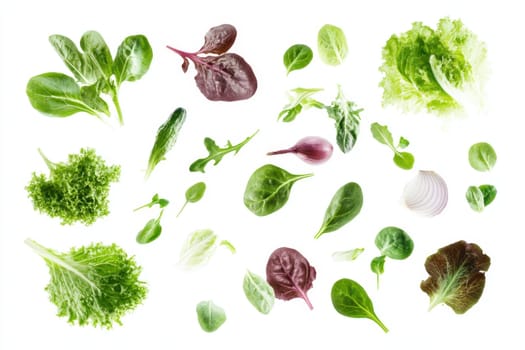 Flying lettuce and onions on a white isolated background.