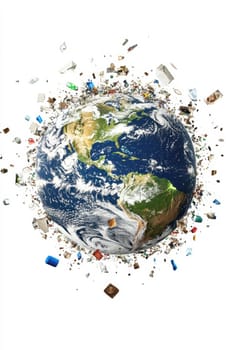 The concept of global environmental pollution. The planet is littered with various debris. Isolated on a white background.