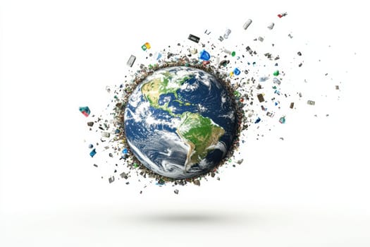 The concept of global environmental pollution. The planet is littered with various debris. Isolated on a white background.