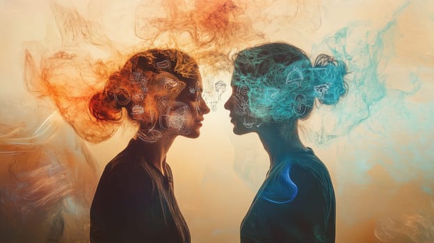 Silhouettes of a couple in love opposite each other. A man and a woman who love each other. illustration.