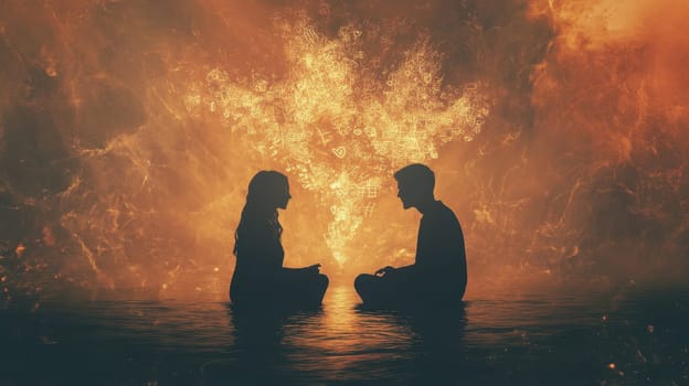 Silhouettes of a couple in love opposite each other. A man and a woman who love each other. illustration.