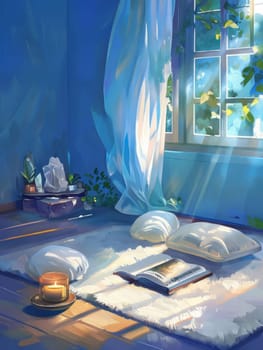 Serene reading area with cozy cushions, lit candle, and an open book. Sunlight filters through windows, enhancing a calm environment filled with greenery and peaceful natural light