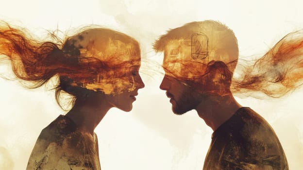 Silhouettes of a couple in love opposite each other. A man and a woman who love each other. illustration.