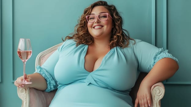 A lush smiling overweight woman in a blue dress sits with a glass of wine on a chair at home.