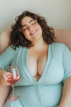 A lush smiling overweight woman in a blue dress sits with a glass of wine on a chair at home.
