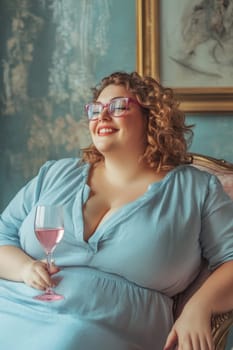 A lush smiling overweight woman in a blue dress sits with a glass of wine on a chair at home.