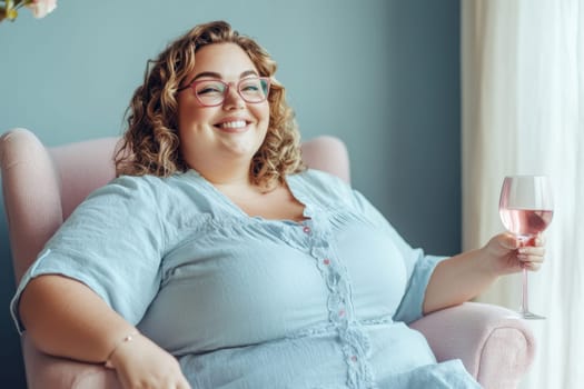 A lush smiling overweight woman in a blue dress sits with a glass of wine on a chair at home.