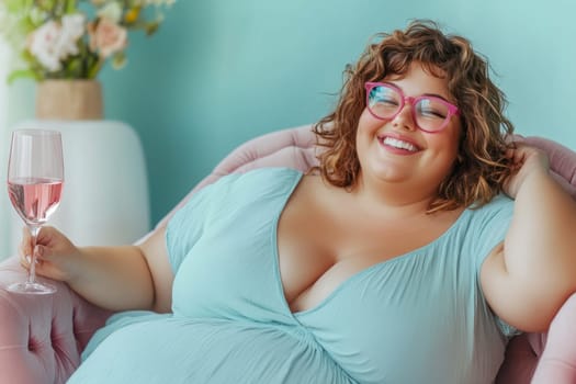 A lush smiling overweight woman in a blue dress sits with a glass of wine on a chair at home.