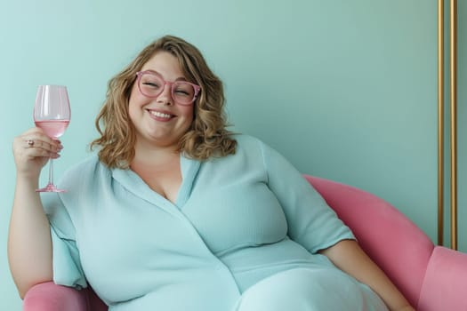 A lush smiling overweight woman in a blue dress sits with a glass of wine on a chair at home.