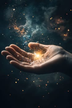 A man's hand against the backdrop of the universe. Stardust around a man's hand.