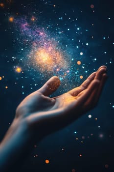 A man's hand against the backdrop of the universe. Stardust around a man's hand.