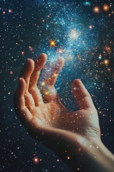 A man's hand against the backdrop of the universe. Stardust around a man's hand.