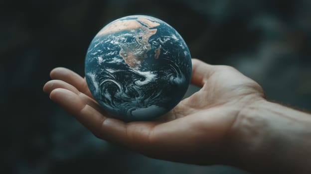 Layout of Planet earth on the hand of man. Nature and Technology. Green energy, renewable and sustainable resources. Caring for the environment and ecology.