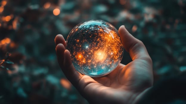 Human hand holding a crystal ball on the background of nature.