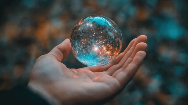 Human hand holding a crystal ball on the background of nature.