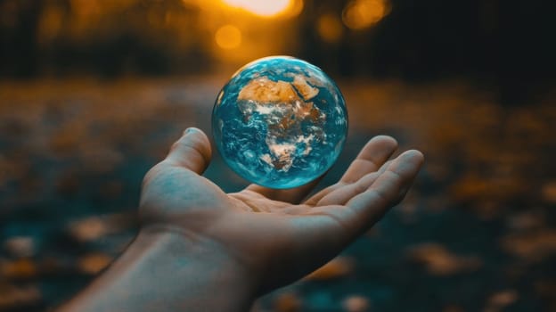 Layout of Planet earth on the hand of man. Nature and Technology. Green energy, renewable and sustainable resources. Caring for the environment and ecology.