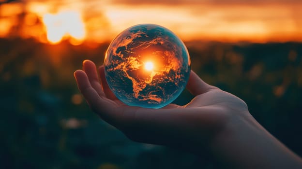 Layout of Planet earth on the hand of man. Nature and Technology. Green energy, renewable and sustainable resources. Caring for the environment and ecology.