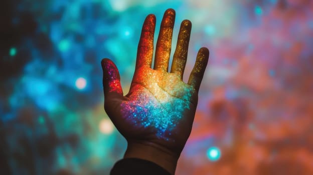 A man's hand against the backdrop of the universe. Stardust around a man's hand.