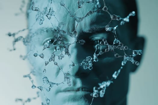 Antibodies under a microscope against a human face . Large globular proteins of blood plasma. Antiviruses. Viruses.