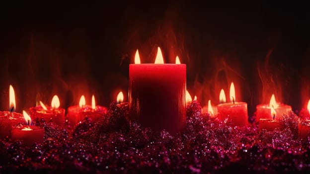 Red candles on a festive red background . Advent, Christmas, holiday and traditions.