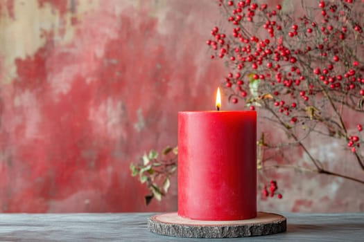 One Red Candle on a festive background. Advent, Christmas, holiday and traditions.