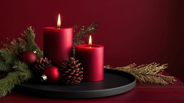Red candles on a festive red background . Advent, Christmas, holiday and traditions.