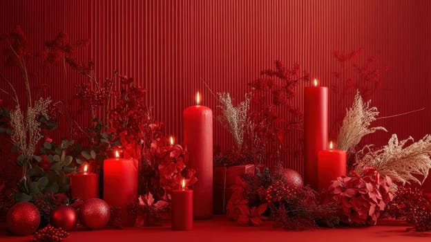Red candles on a festive red background . Advent, Christmas, holiday and traditions.