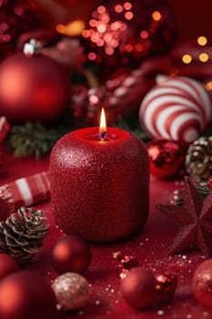 Red candles on a festive red background . Advent, Christmas, holiday and traditions.