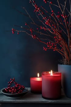 Red candles on a festive red background . Advent, Christmas, holiday and traditions.