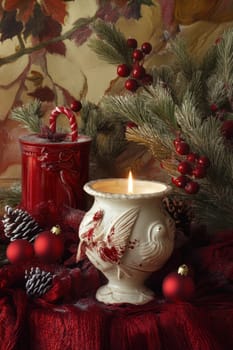 Red candles on a festive red background . Advent, Christmas, holiday and traditions.