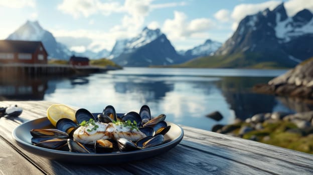 A seafood platter on a table with mountains and bay in the background. Fillet of sea fish and mussels in a plate on the table.