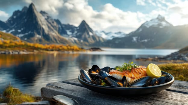 Close-up of fillet of sea fish and mussels in a plate on a table on the background of mountains.