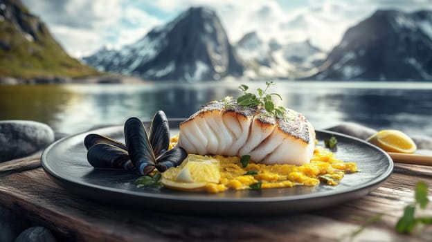 Close-up of fillet of sea fish and mussels in a plate on a table on the background of mountains.