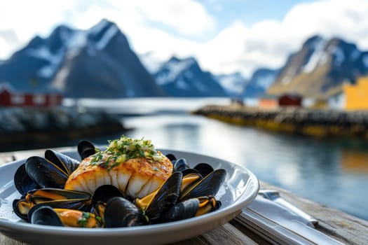 A seafood platter on a table with mountains and bay in the background. Fillet of sea fish and mussels in a plate on the table.