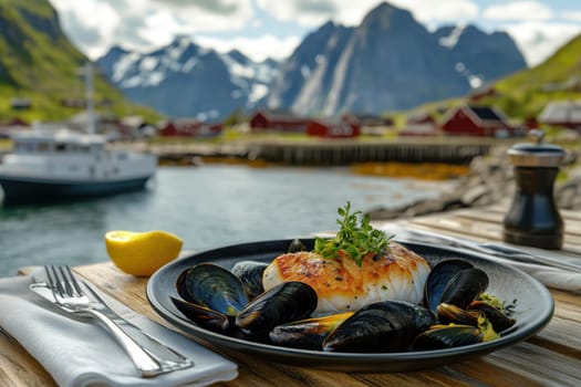 Close-up of fillet of sea fish and mussels in a plate on a table on the background of mountains.
