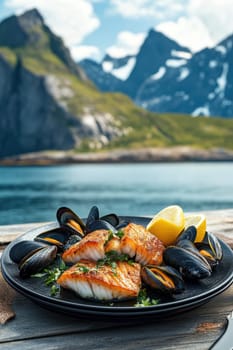 Close-up of fillet of sea fish and mussels in a plate on a table on the background of mountains.