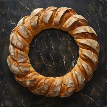 A staple food, a loaf of bread, sits on a natural material marble surface, creating a beautiful pattern. The peach color of the marble gives a fashionable touch to the scene