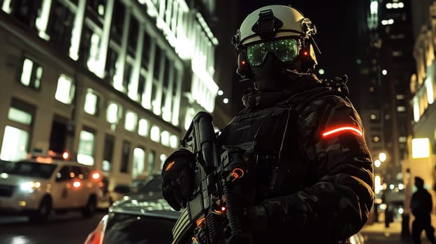 A soldier in a black military uniform with a machine gun in the city, wearing a helmet, a military cyborg stands on a city street at night