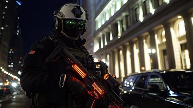 A soldier in a black military uniform with a machine gun in the city, wearing a helmet, a military cyborg stands on a city street at night