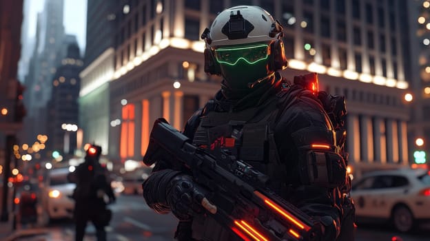 A soldier in a black military uniform with a machine gun in the city, wearing a helmet, a military cyborg stands on a city street at night