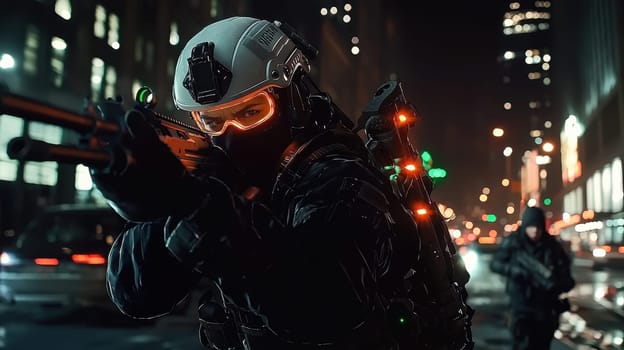 A soldier in a black military uniform with a machine gun in the city, wearing a helmet, a military cyborg stands on a city street at night