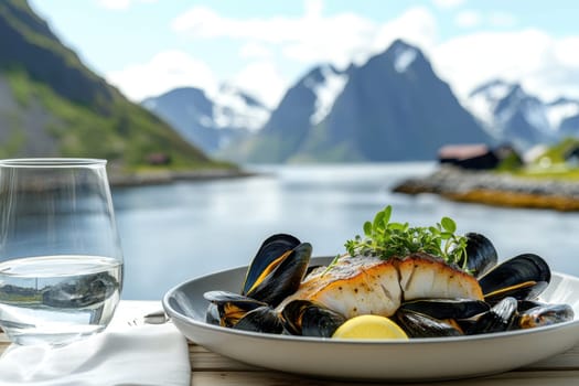 A seafood platter on a table with mountains and bay in the background. Fillet of sea fish and mussels in a plate on the table.