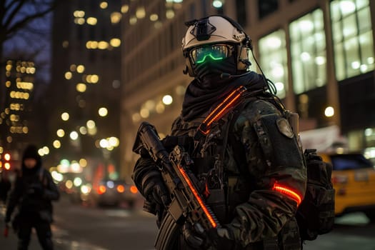 A soldier in a black military uniform with a machine gun in the city, wearing a helmet, a military cyborg stands on a city street at night